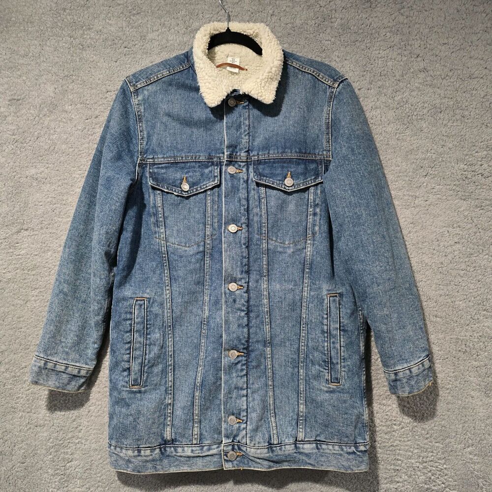 H&M Womens Sherpa Denim Trucker Jacket Coat Shearling Sz 8